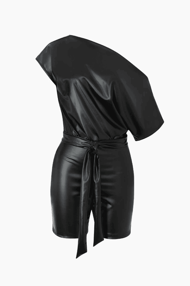 2024 One Shoulder Faux Leather Tie Detail Romper Black S in