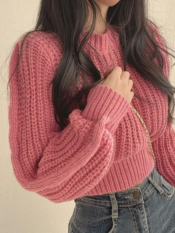 Puff Sleeve Plain Crop Sweater - LovelyKayley