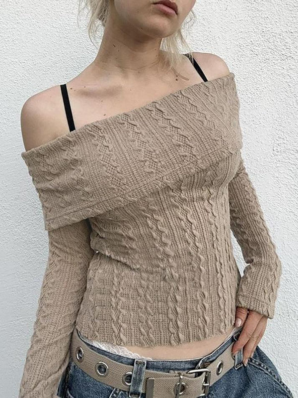 Long Sleeve Off-Shoulder Plain Cable-Knit Crop Sweater - LovelyKayley