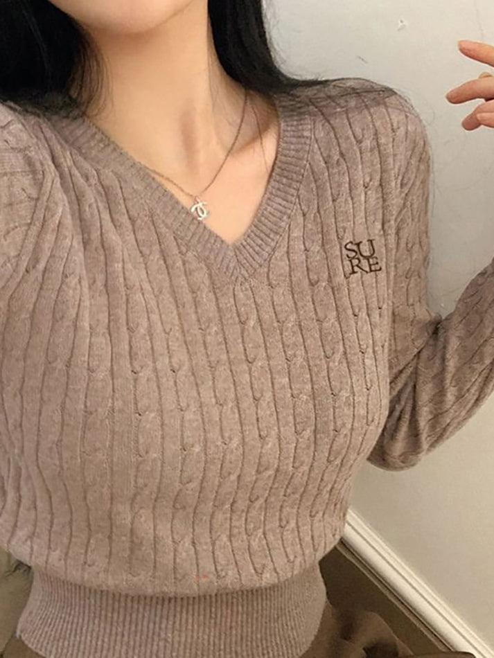 Long Sleeve V-Neck Lettering Embroidered Cable-Knit Crop Top - LovelyKayley