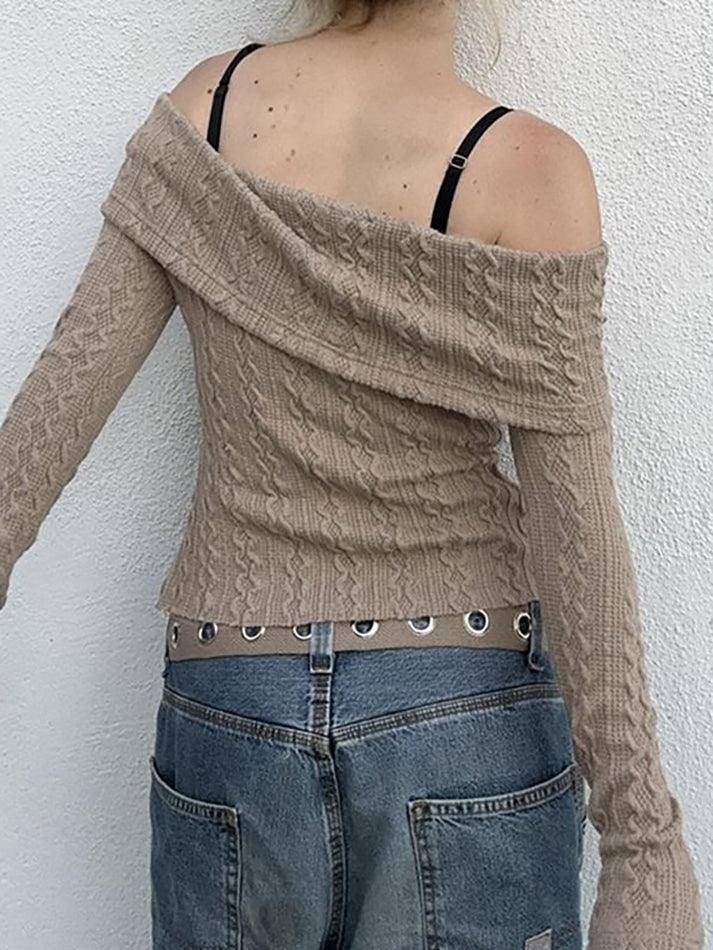 Long Sleeve Off-Shoulder Plain Cable-Knit Crop Sweater - LovelyKayley