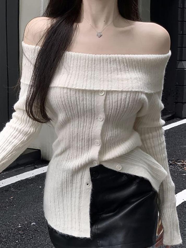 Long Sleeve Off-Shoulder Ribbed-Knit Sweater - LovelyKayley