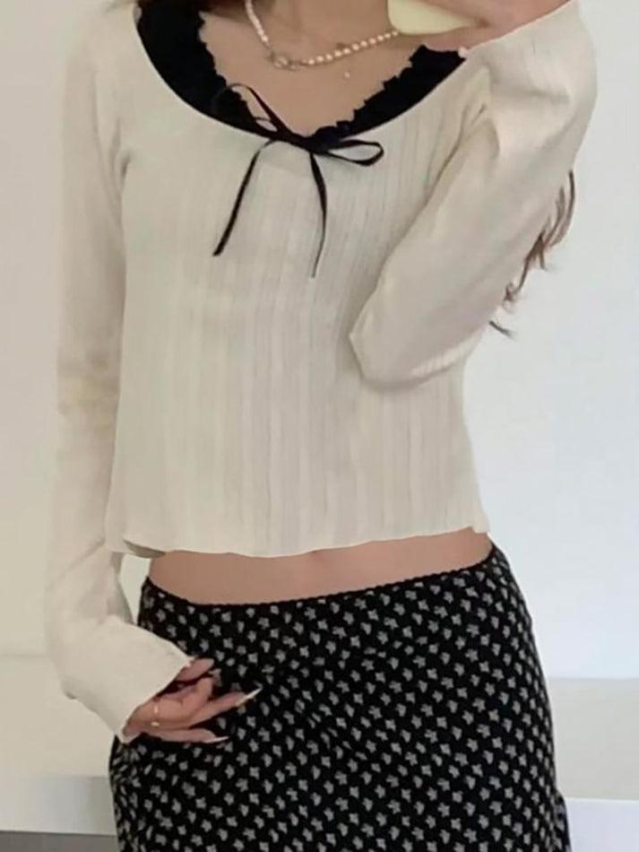 Long Sleeve Mock Two Piece Bow Accent Crop Top - LovelyKayley