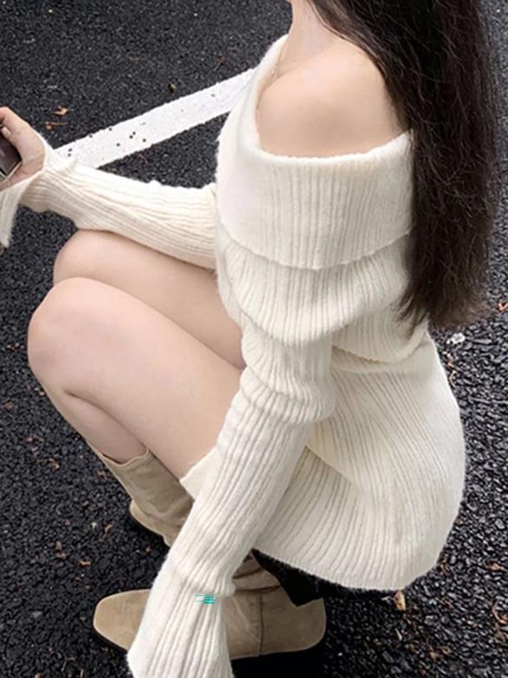 Long Sleeve Off-Shoulder Ribbed-Knit Sweater - LovelyKayley