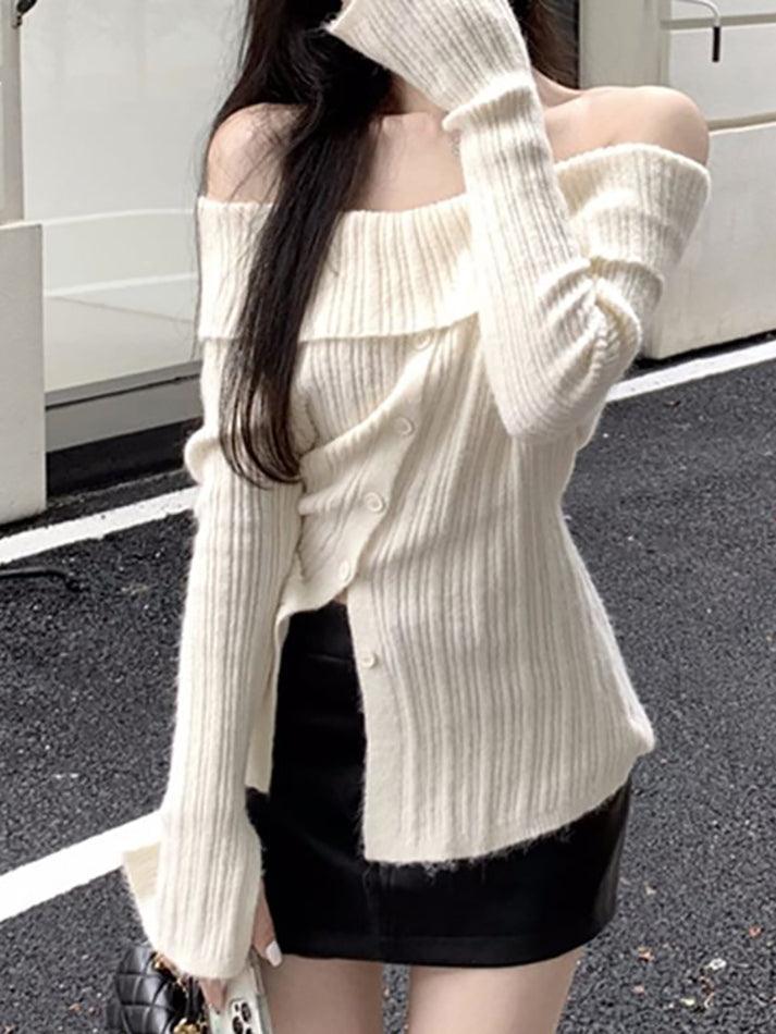 Long Sleeve Off-Shoulder Ribbed-Knit Sweater - LovelyKayley