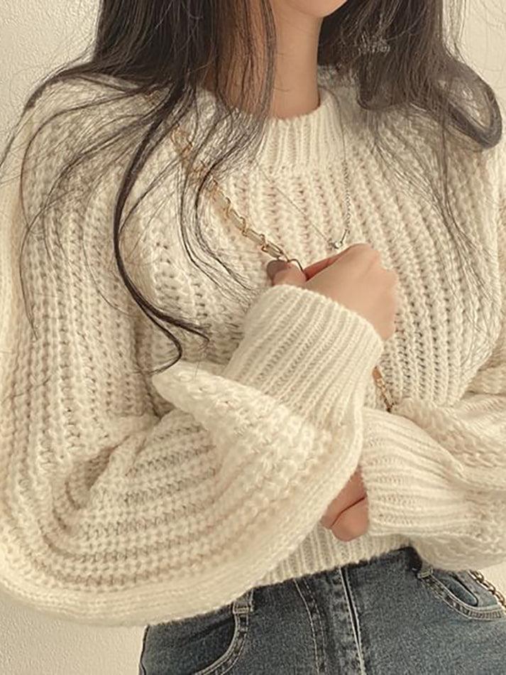 Puff Sleeve Plain Crop Sweater - LovelyKayley