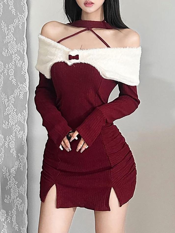 Long Sleeve Halter-Neck Off-Shoulder Mini Dress - LovelyKayley