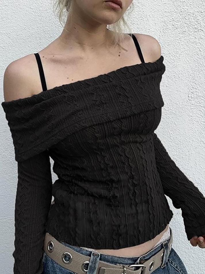 Long Sleeve Off-Shoulder Plain Cable-Knit Crop Sweater - LovelyKayley