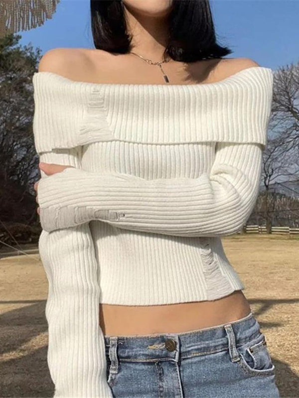 Long Sleeve Off-Shoulder Plain Ribbed-Knit Sweater - LovelyKayley