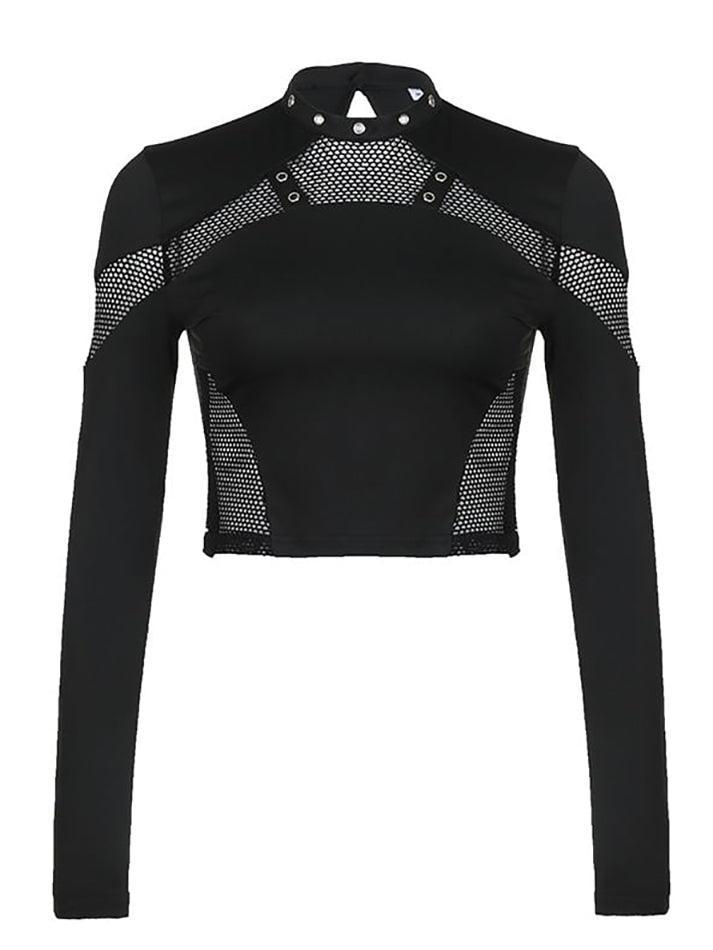 Long Sleeve Mesh Panel Plain Crop Top - LovelyKayley