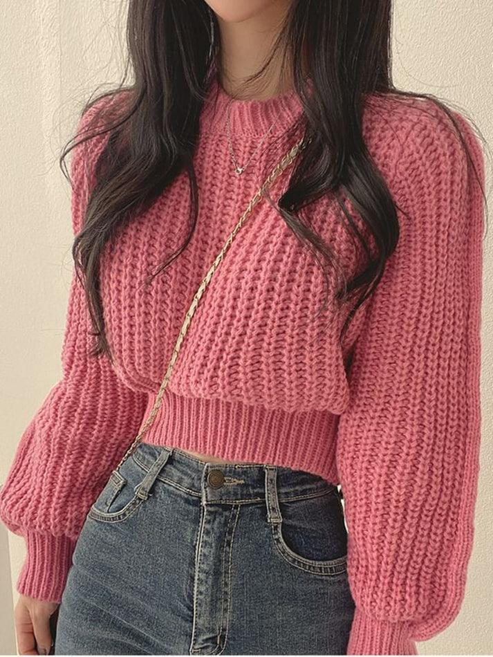 Puff Sleeve Plain Crop Sweater - LovelyKayley