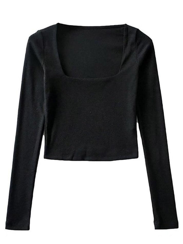 Long-Sleeve Square Neck Plain Cropped T-Shirt - LovelyKayley