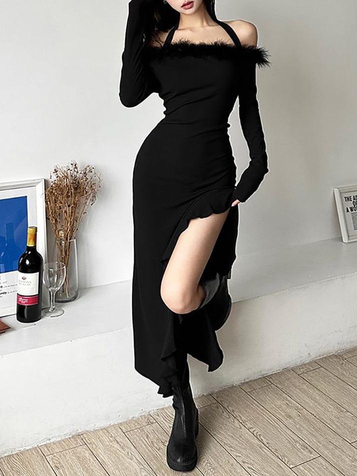 Long-Sleeve Plain Fluffy Trim Ruffle Slit Midi Dress - LovelyKayley