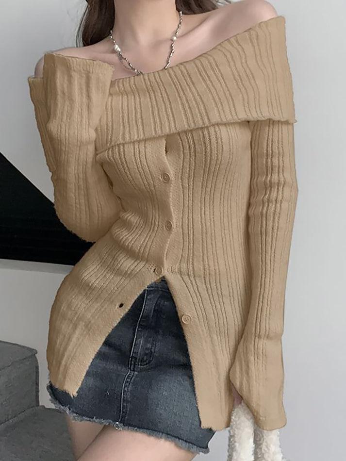 Long Sleeve Off-Shoulder Ribbed-Knit Sweater - LovelyKayley