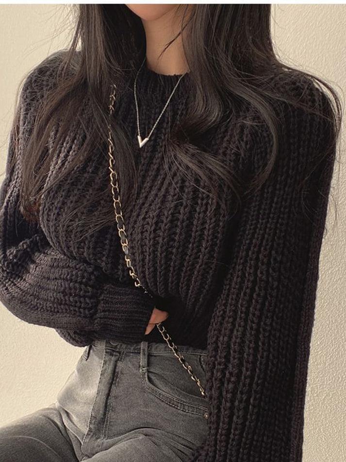 Puff Sleeve Plain Crop Sweater - LovelyKayley