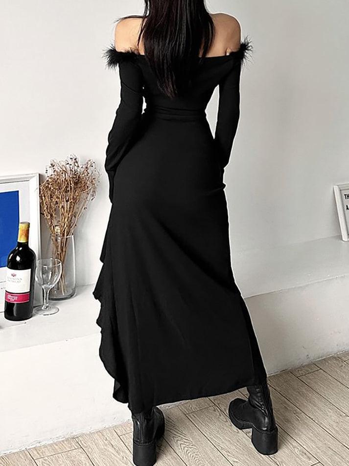 Long-Sleeve Plain Fluffy Trim Ruffle Slit Midi Dress - LovelyKayley