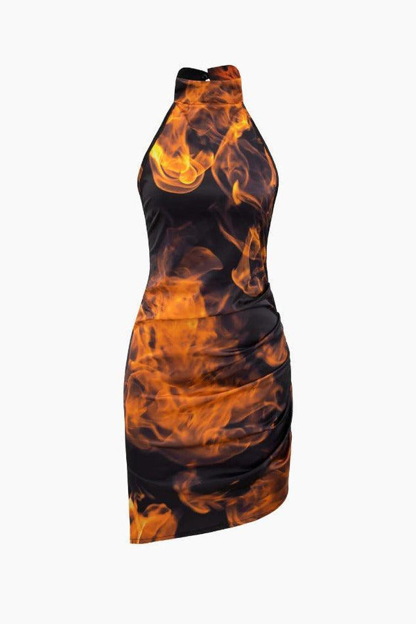 Abstract Flame Print Asymmetric Backless Mini Dress - LovelyKayley