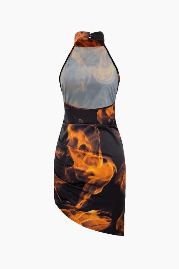 Abstract Flame Print Asymmetric Backless Mini Dress - LovelyKayley