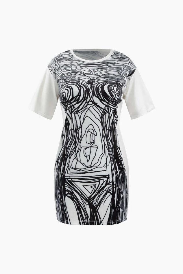 Abstract Print Drop Shoulder Mini Dress - LovelyKayley