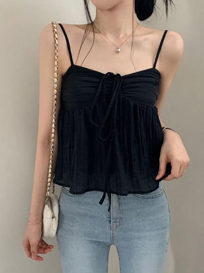 Tie-Front Ruched See-Through Mesh Crop Cami Top - LovelyKayley