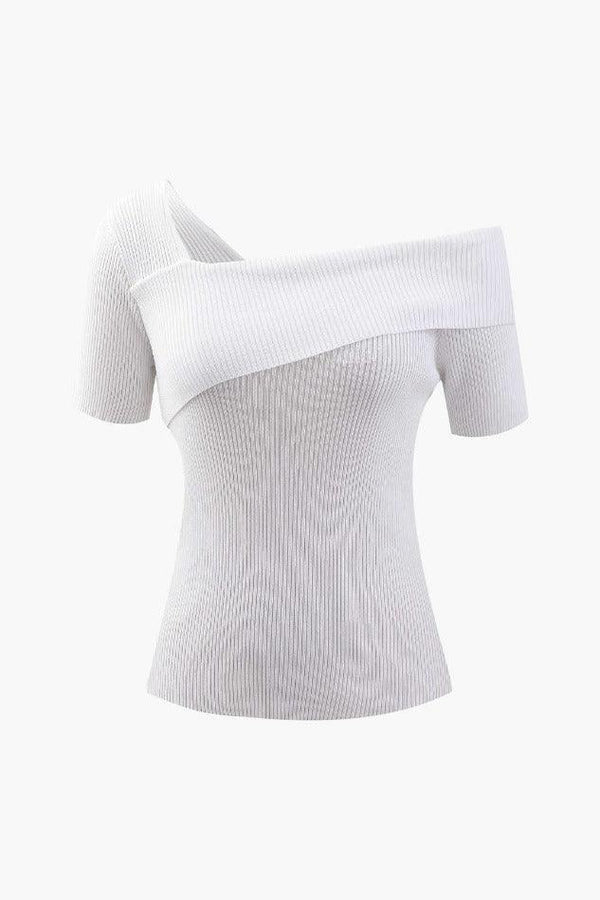 Asymmetric Neck Rib Knit Short Sleeve T-Shirt - LovelyKayley