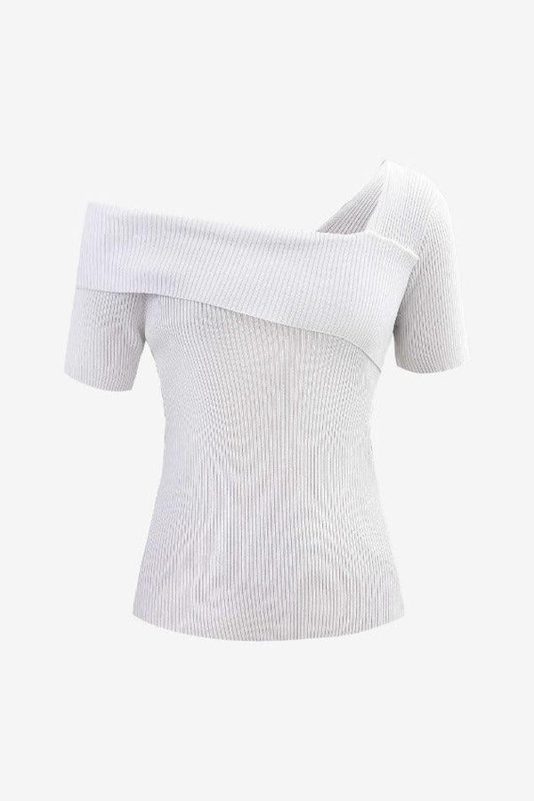 Asymmetric Neck Rib Knit Short Sleeve T-Shirt - LovelyKayley