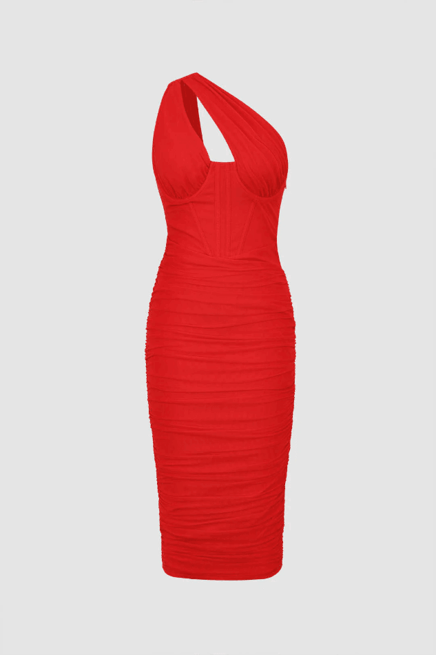 Asymmetric One Shoulder Cut Out Corset Bodycon Midi Dress - LovelyKayley