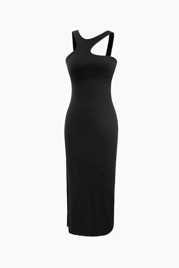 Asymmetric Rib Knit Twisted Slit Midi Dress - LovelyKayley