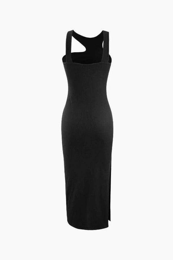 Asymmetric Rib Knit Twisted Slit Midi Dress - LovelyKayley