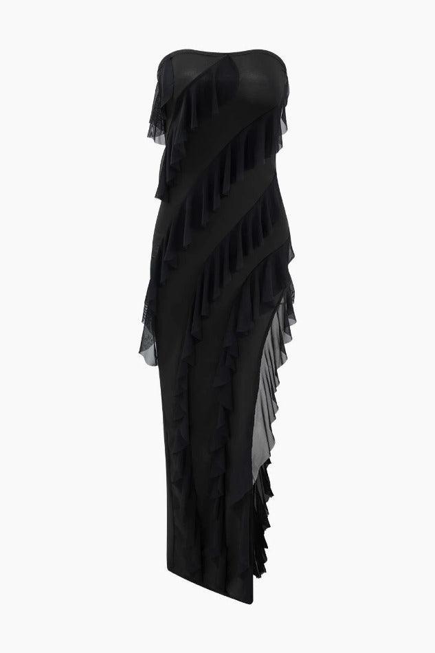 Asymmetric Ruffle Strapless Split Maxi Dress - LovelyKayley