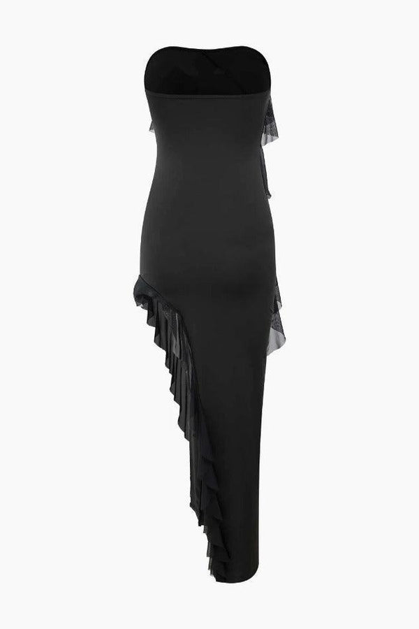 Asymmetric Ruffle Strapless Split Maxi Dress - LovelyKayley