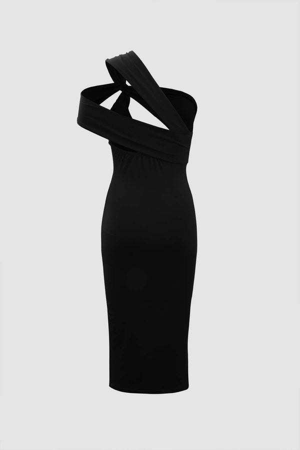 Asymmetric Shoulder Cut Out Midi Dress - LovelyKayley