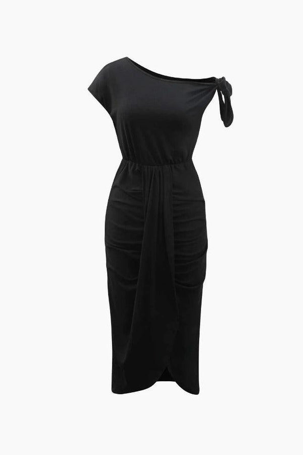 Asymmetric Shoulder Ruched Knot Wrap Midi Dress - LovelyKayley