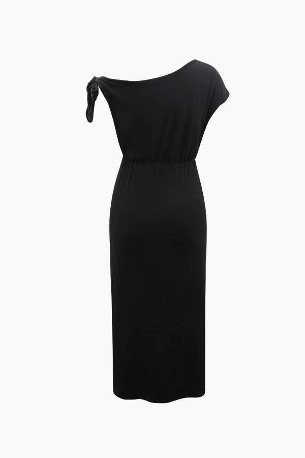 Asymmetric Shoulder Ruched Knot Wrap Midi Dress - LovelyKayley