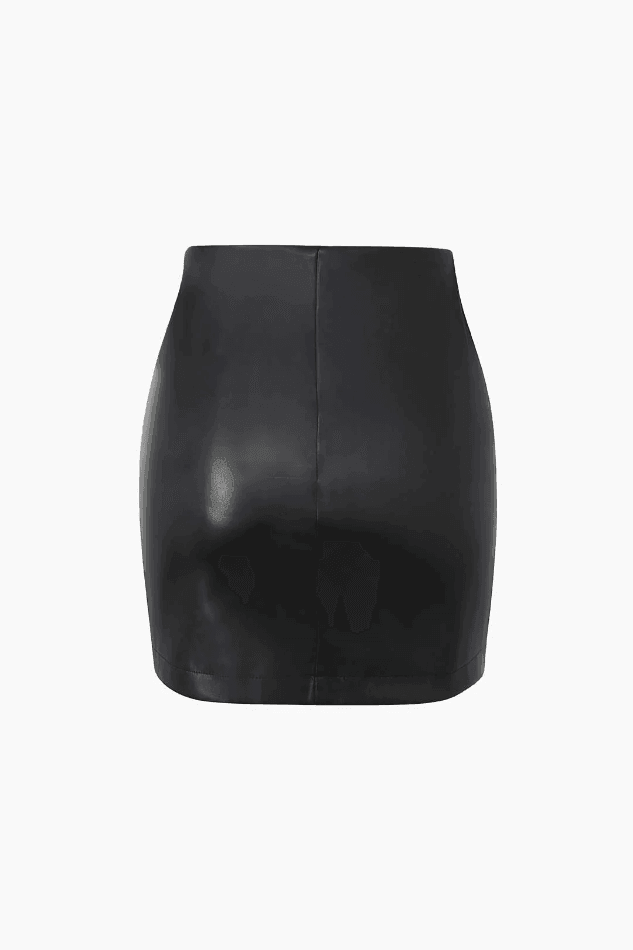 Asymmetrical Draped Faux Leather Mini Skirt - LovelyKayley