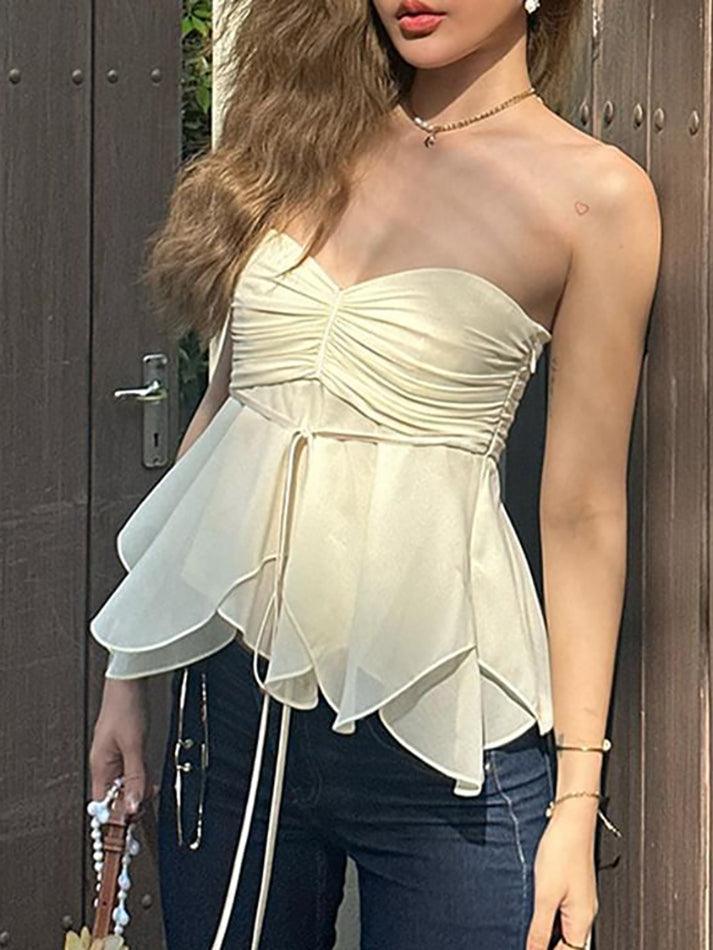 Plain Ruched Tie-Front A-Line Tube Top - LovelyKayley