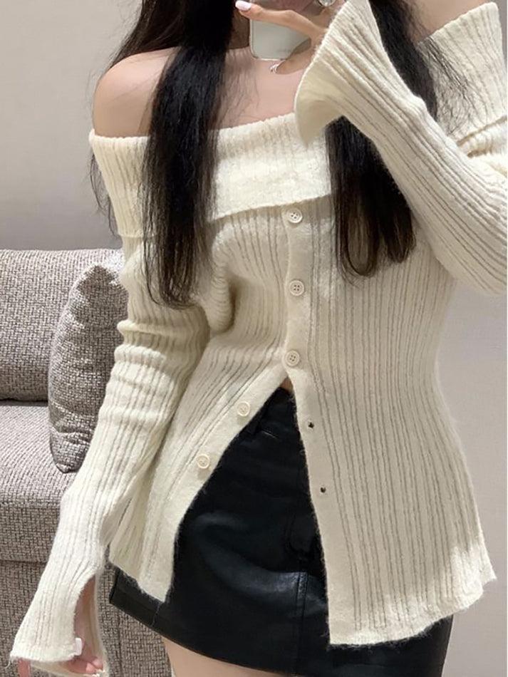 Long Sleeve Off-Shoulder Ribbed-Knit Sweater - LovelyKayley