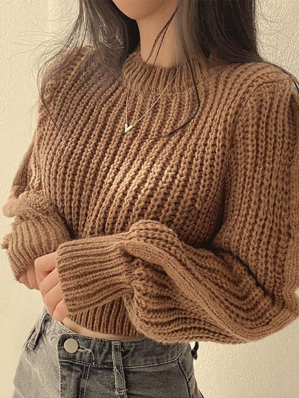 Puff Sleeve Plain Crop Sweater - LovelyKayley