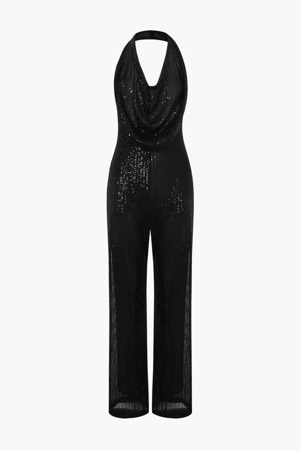 Backless Wide Leg Cowl Neck Sequin Jumpsuit - LovelyKayley