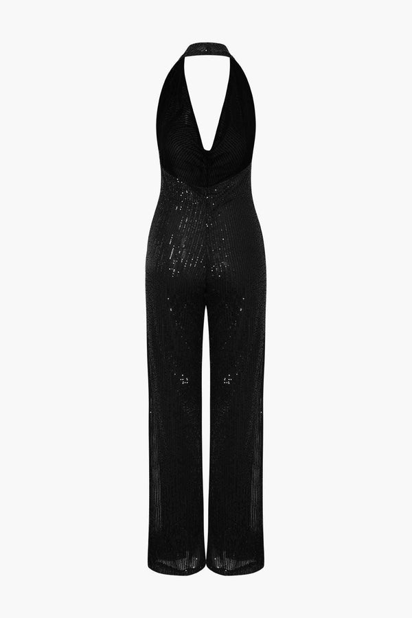 Backless Wide Leg Cowl Neck Sequin Jumpsuit - LovelyKayley