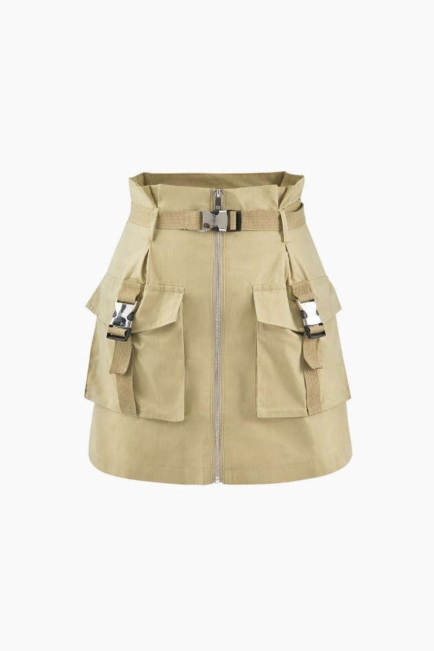 Buckle Waist Zip Up Cargo Mini Skirt - LovelyKayley