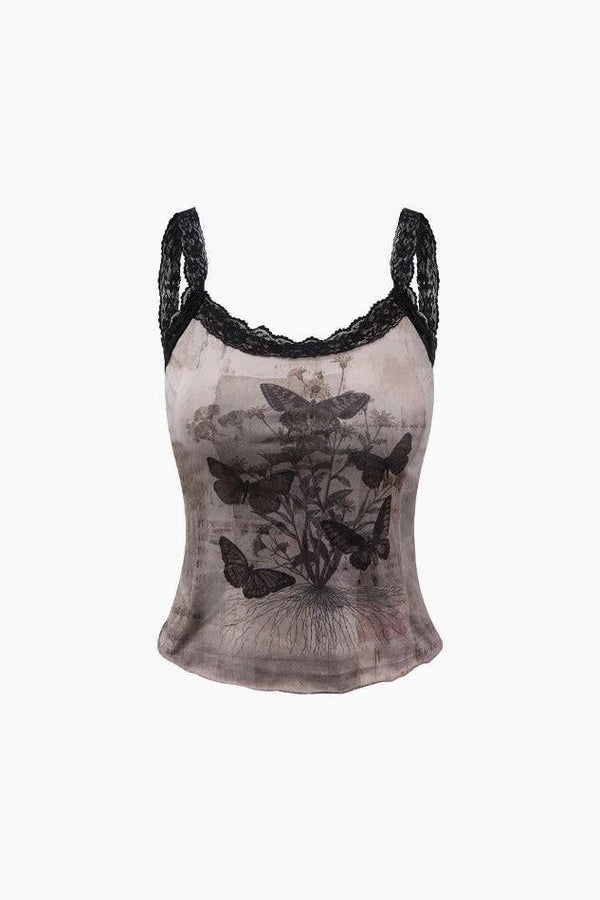 Butterfly Print Contrast Lace Strap Cami Top - LovelyKayley