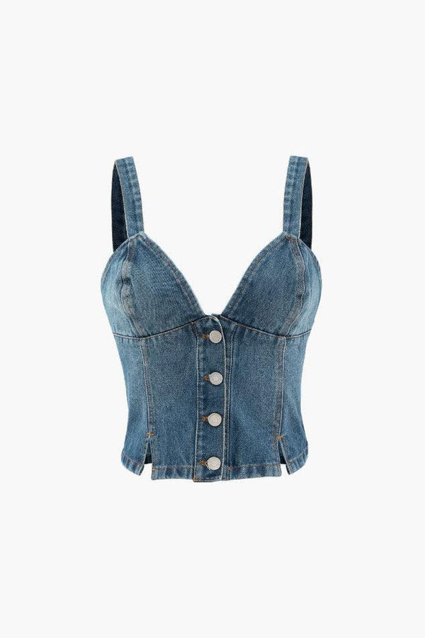 Button Front V-Neck Denim Cami Top - LovelyKayley