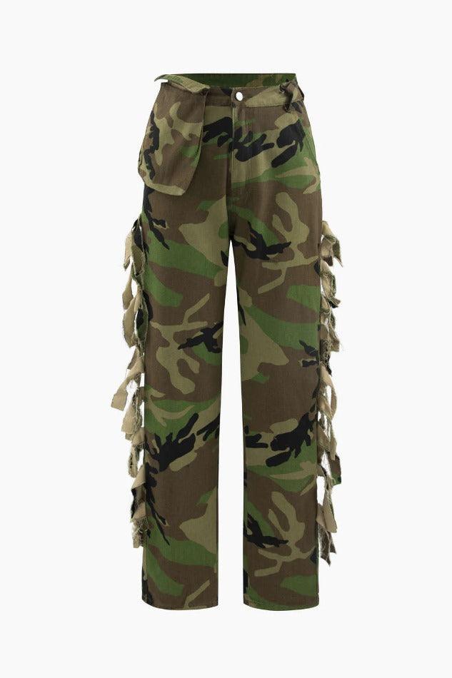 Camo Print Fringe Straight Pants - LovelyKayley