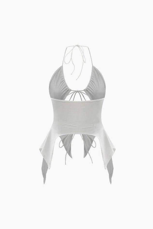 Cinched Cutout Halter Sharkbite Hem Tie Front Top - LovelyKayley