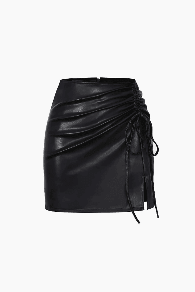 Cinched Drawstring Slit Leather Mini Skirt - LovelyKayley