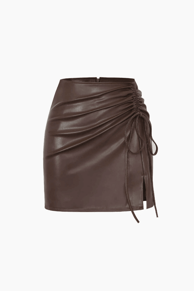 Cinched Drawstring Slit Leather Mini Skirt - LovelyKayley