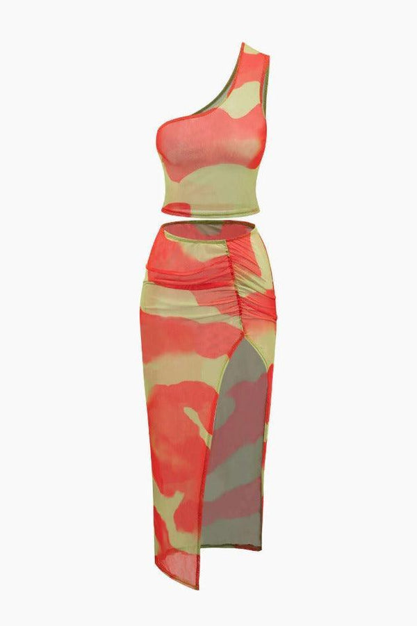 Color block Asymmetrical Neck Crop Top And Slit Skirt Set - LovelyKayley