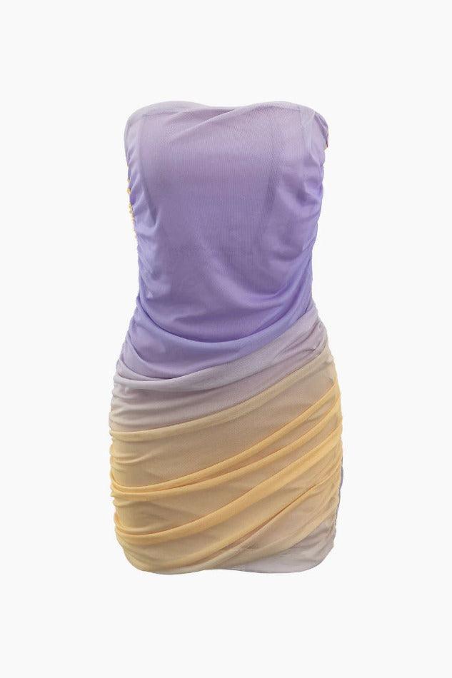 Color Block Mesh Ruched Strapless Slim Mini Dress - LovelyKayley