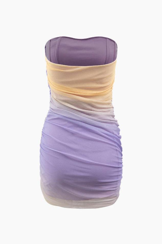 Color Block Mesh Ruched Strapless Slim Mini Dress - LovelyKayley